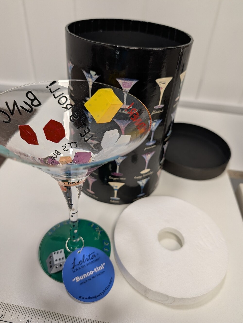 NWT Lolita “Bunco-tini” martini glass With Tag And Box, Use for Game Night